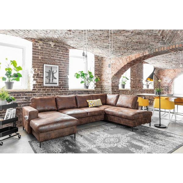 Lofty Lilly Vintage barna kinyitható U alakú bőrutánzat kanapé, jobb oldali - Miuform-image-3