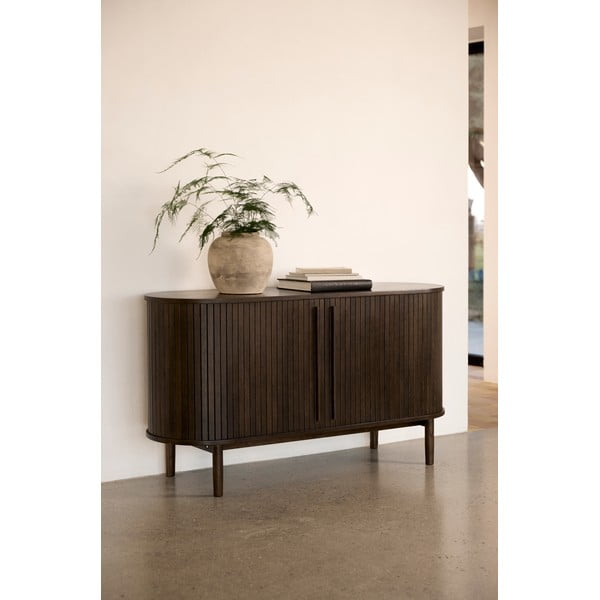 Barna komód tolóajtóval, tölgyfa dekorral 140x76x45 cm Meta – Unique Furniture-image-1