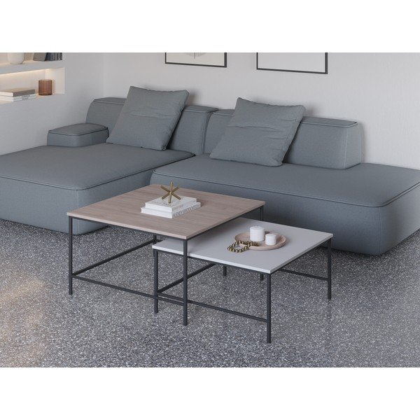 Fehér-natúr színű dohányzóasztal szett tölgyfa dekoros asztallappal 2 db-os 80x80 cm  Fiorenza – Marckeric-image-1