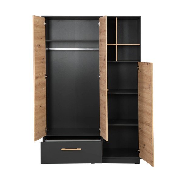 Antracitszürke-natúr színű gyerek ruhásszekrény tölgyfa dekorral 132x195 cm Lenn – Roba-image-3