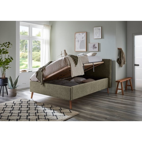 Sötétzöld kárpitozott ágyneműtartós franciaágy ágyráccsal 140x200 cm Riva – Meise Möbel-image-3