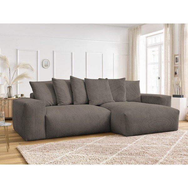 Szürkésbarna kordbársony kinyitható-tárolóhelyes sarokkanapé Voltaire – Bobochic Paris-image-1