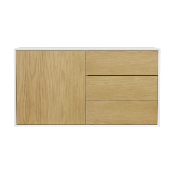 Fehér-natúr színű alacsony függő komód tölgyfa dekorral 113x61 cm Wall – Tenzo