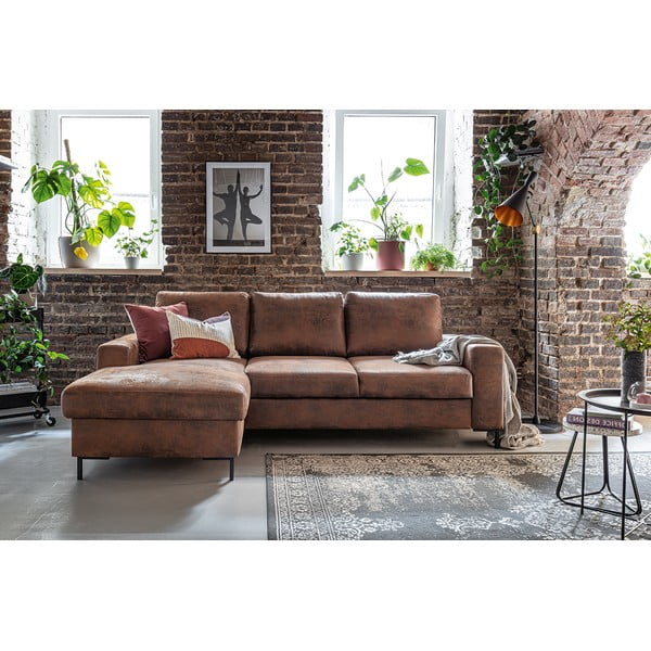 Lofty Lilly Vintage barna kinyitható bőrutánzat sarokkanapé, bal oldali - Miuform-image-4