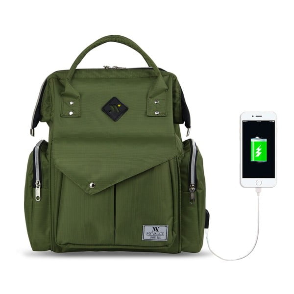 HAPPY MOM Baby Care Backpack zöld hátizsák anyukáknak USB csatlakozóval - My Valice-image-1