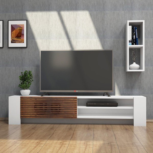 Muzzo Piňa fehér TV-állvány és fali polc diófa dekorral-image-3