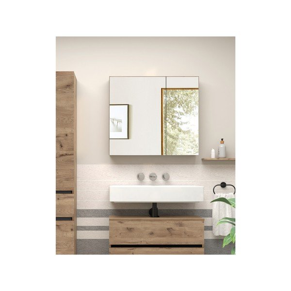 Natúr színű fali tükrös fürdőszoba szekrény tölgyfa dekorral 80x70 cm Wisla – Støraa-image-3