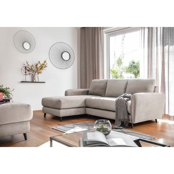 Cosy Claire bézs bársony sarokkanapé lábtartóval, bal oldalas - Miuform-image-1