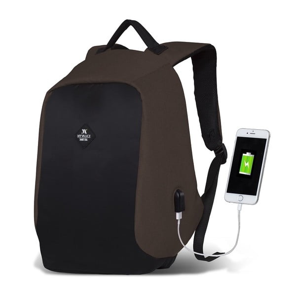 SECRET Smart Bag sötétbarna-fekete hátizsák USB csatlakozóval - My Valice