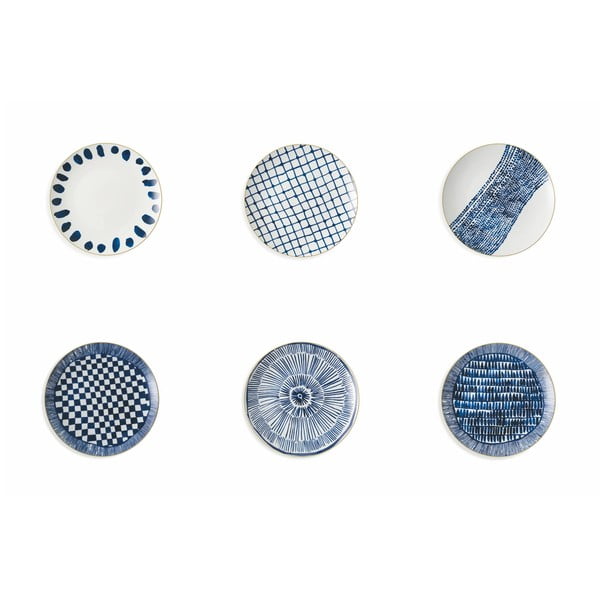 Masai 6 különböző mintájú kék porcelán tányér, 6 db - Villa d´Este
