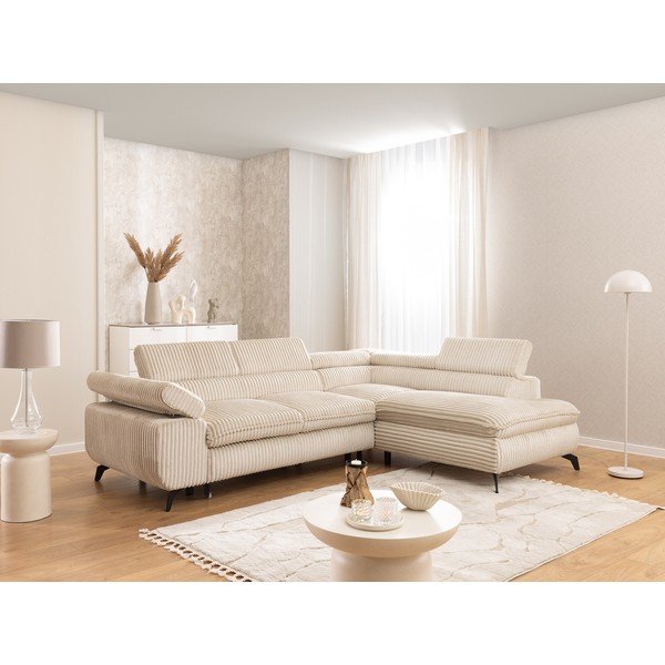 Bézs kordbársony sarokkanapé (jobb oldali-L alakú) Marbeya  – Ropez-image-1