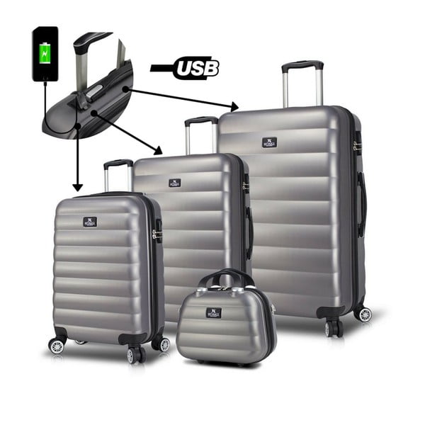 RESSO Travel Set 3 szürke görgős bőrönd és kézipoggyász szett USB csatlakozóval - My Valice
