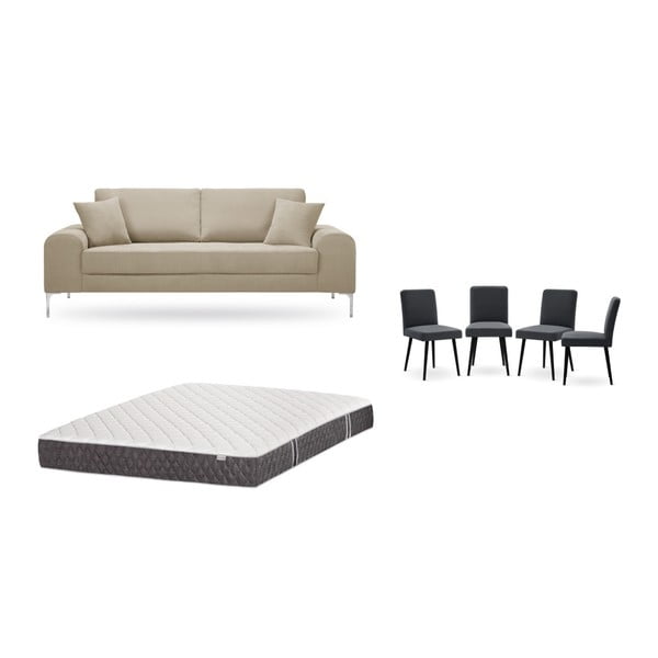 Szürkésbézs, háromszemélyes kanapé, 4 db antracit szürke szék, matrac (160 x 200 cm) szett - Home Essentials