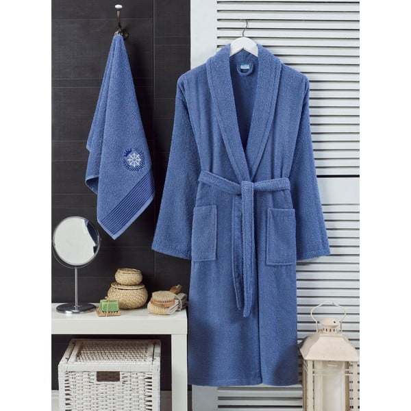 Kék pamut fürdőköpeny és törölköző szett S/M – Mila Home