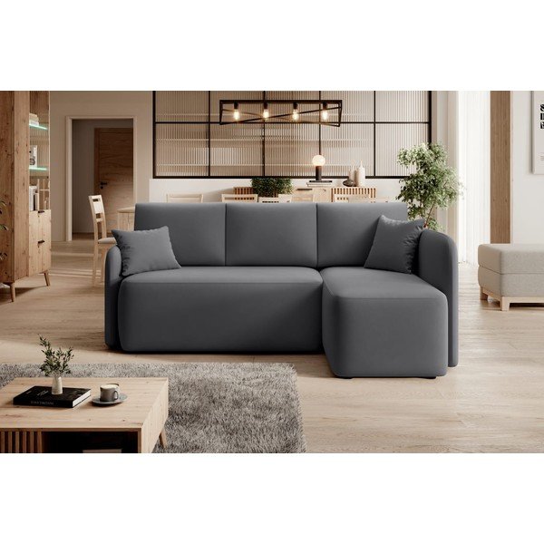 Szürkésbarna bársony kinyitható-tárolóhelyes sarokkanapé (jobb oldali-heverő résszel) Hadson – ELTAP-image-1