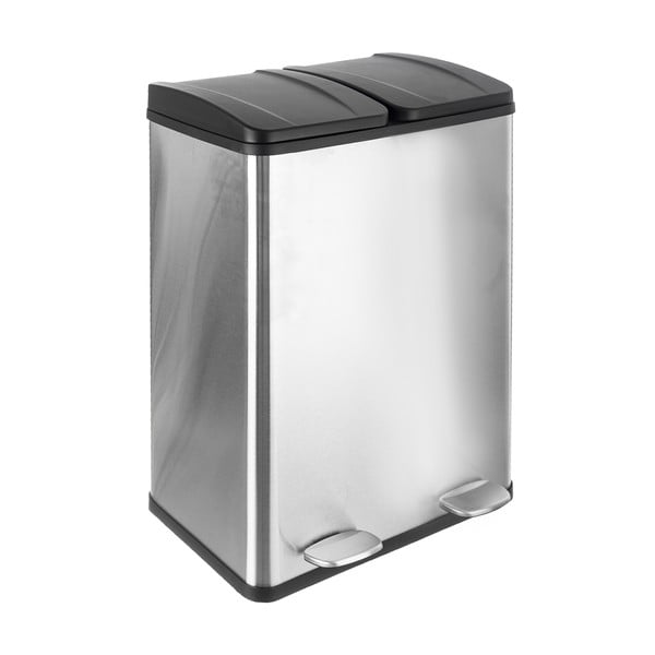Fényes ezüstszínű rozsdamentes acél szelektív pedálos szemetes 2x30 l Duo – Orion-image-1