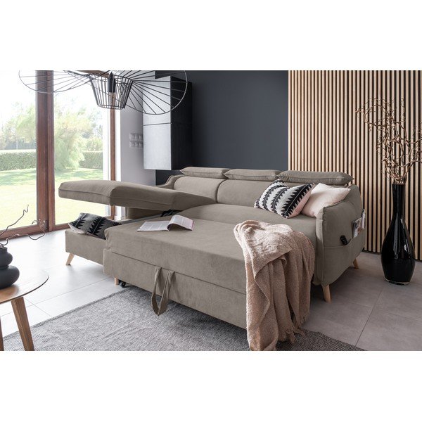 Világosbarna bársony kinyitható sarokkanapé (bal oldali) Sweet Harmony – Miuform-image-4