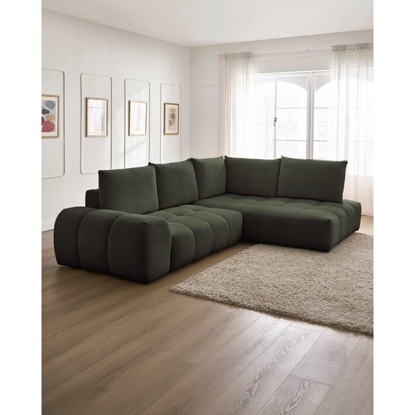 Zöld zsenília kinyitható-tárolóhelyes sarokkanapé (jobb oldali-L alakú) Everest – Bobochic Paris-image-1