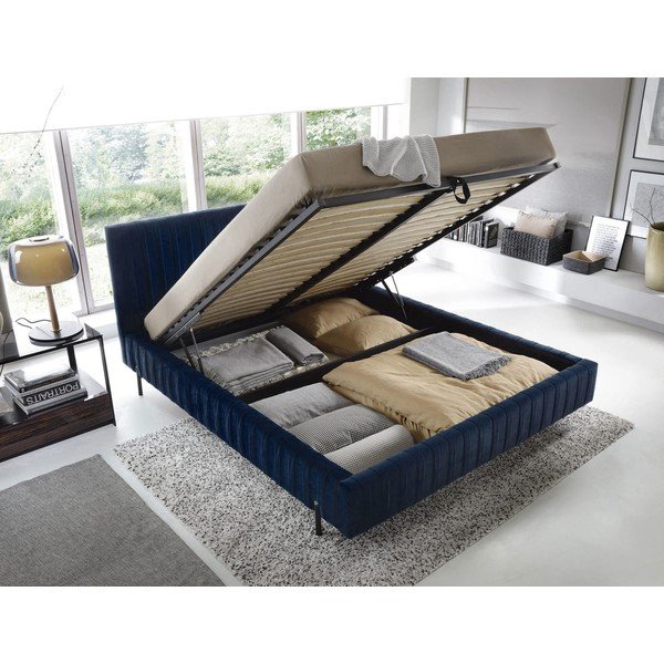 Sötétkék kárpitozott ágyneműtartós franciaágy ágyráccsal 160x200 cm Plissa – ELTAP-image-2