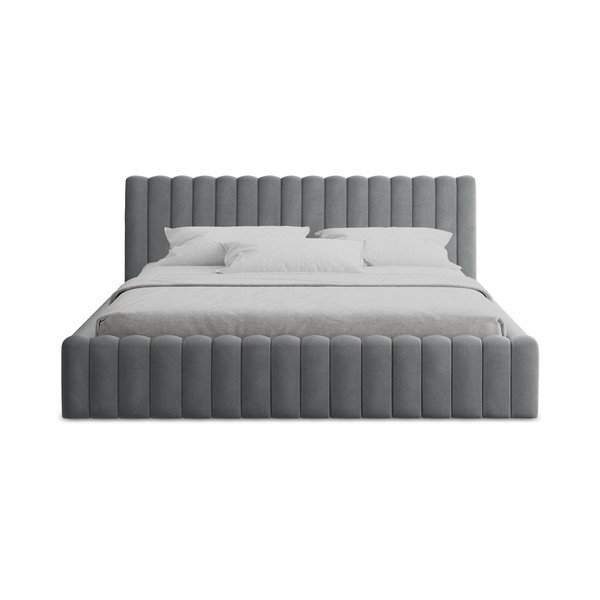 Szürke kárpitozott ágyneműtartós franciaágy ágyráccsal 180x200 cm Lemi – Makamii-image-4