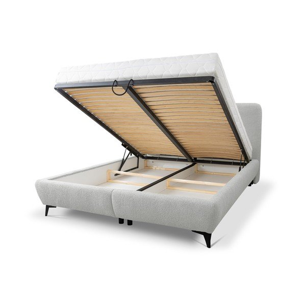 Világosszürke kárpitozott ágyneműtartós franciaágy ágyráccsal 160x200 cm Makapu – Makamii-image-1