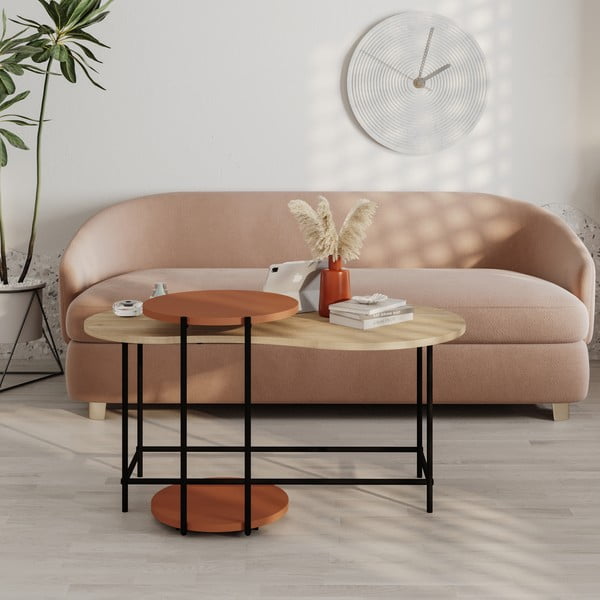 Téglavörös-natúr színű dohányzóasztal szett tölgyfa dekoros asztallappal,  2 db-os 65x103 cm Rosie – Marckeric-image-1