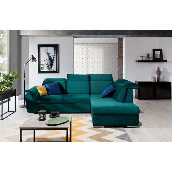 Zöld bársony kinyitható-tárolóhelyes sarokkanapé (jobb oldali-L alakú) Loreto – ELTAP-image-1