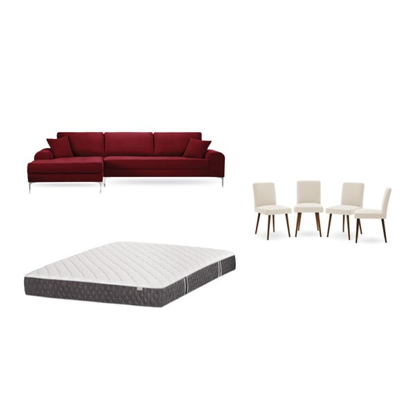 Piros, baloldali sarokkanapé, 4 db krémszínű szék, matrac (160 x 200 cm) szett - Home Essentials