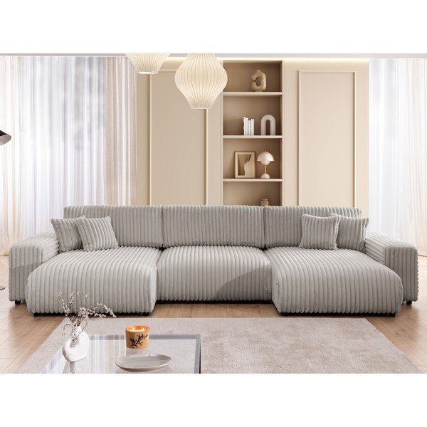 Világosszürke kordbársony kinyitható-tárolóhelyes  sarokkanapé (U alakú) Sarina – Ropez-image-1