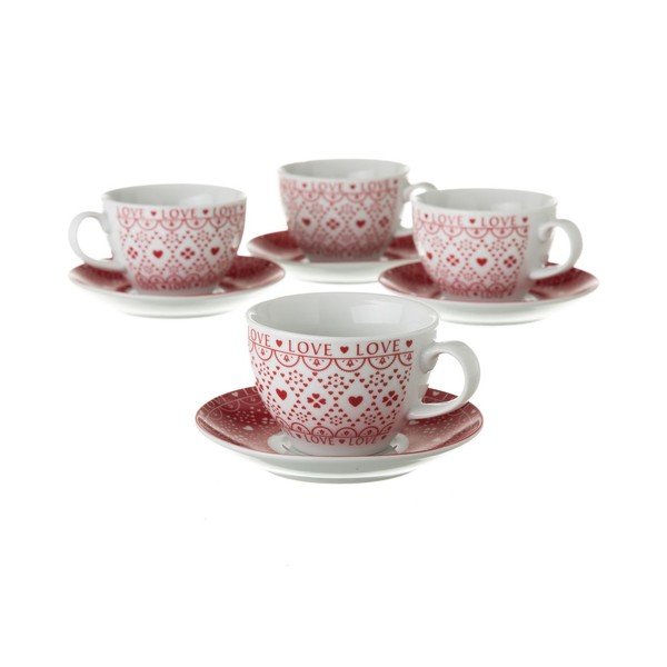 4 db piros-fehér porcelán csésze és alátét szett, fém állványon - Unimasa-image-1