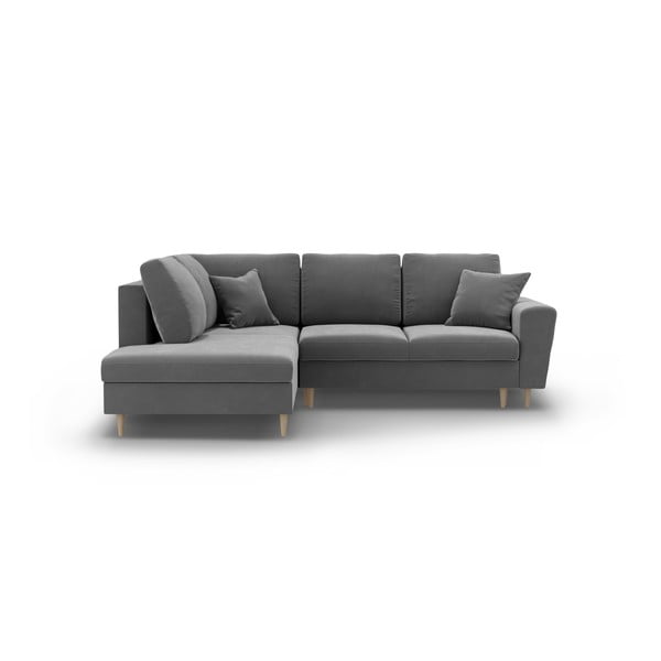 Világosszürke bársony kinyitható tárolóhelyes sarokkanapé (bal oldali-L alakú) Kyoto – Cosmopolitan Design