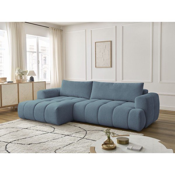 Kék kinyitható-tárolóhelyes sarokkanapé (bal oldali-heverő résszel) Fuji – Bobochic Paris-image-1