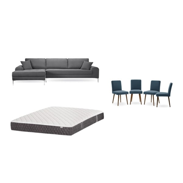 Szürke baloldali sarokkanapé, 4 db kék szék, matrac (160 x 200 cm) szett - Home Essentials