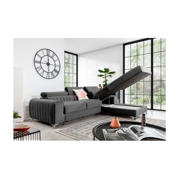 Sötétszürke bársony kinyitható-tárolóhelyes sarokkanapé (jobb oldali-heverő résszel) Grayson – ELTAP-image-3