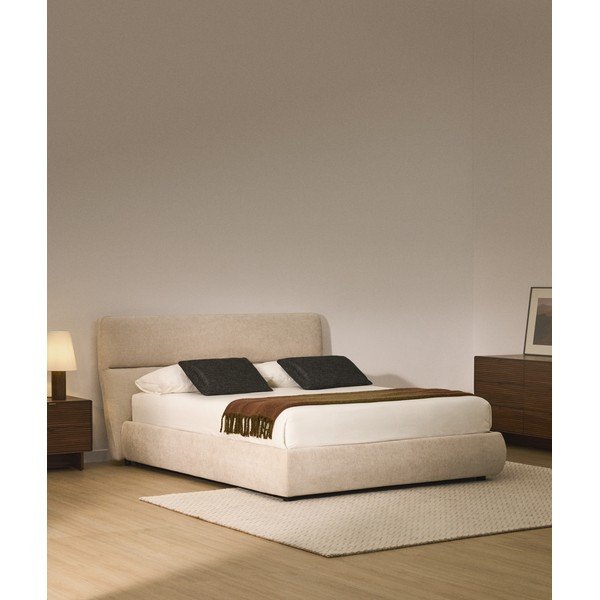 Bézs kárpitozott ágyneműtartós zsenília franciaágy ágyráccsal 180x200 cm Dafra – Kave Home-image-1