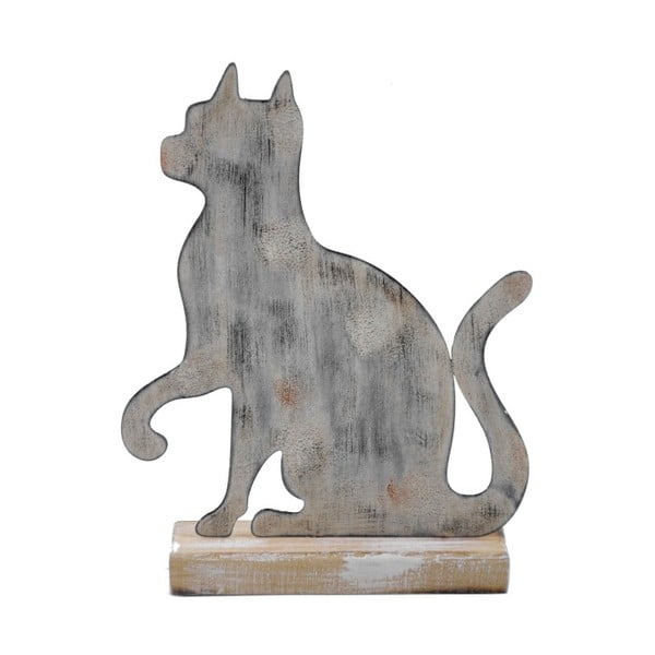 Kicsi szürke macska formájú fém dekoráció fa talpazattal, 15 x 19,5 cm - Ego Dekor