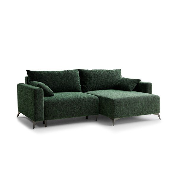 Sötétzöld zsenília kinyitható-tárolóhelyes sarokkanapé (jobb oldali-heverő résszel) Leon – Maison de Rêve