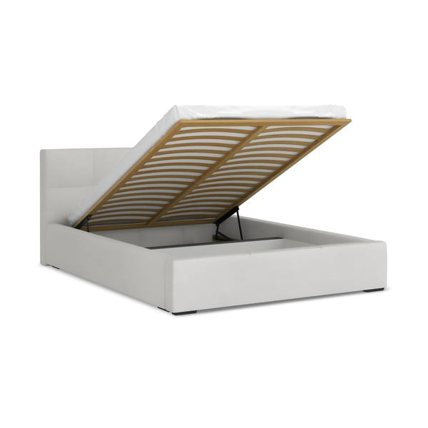 Világosszürke bársony kárpitozott ágyneműtartós franciaágy ágyráccsal 140x200 cm Hiko – Makamii-image-1