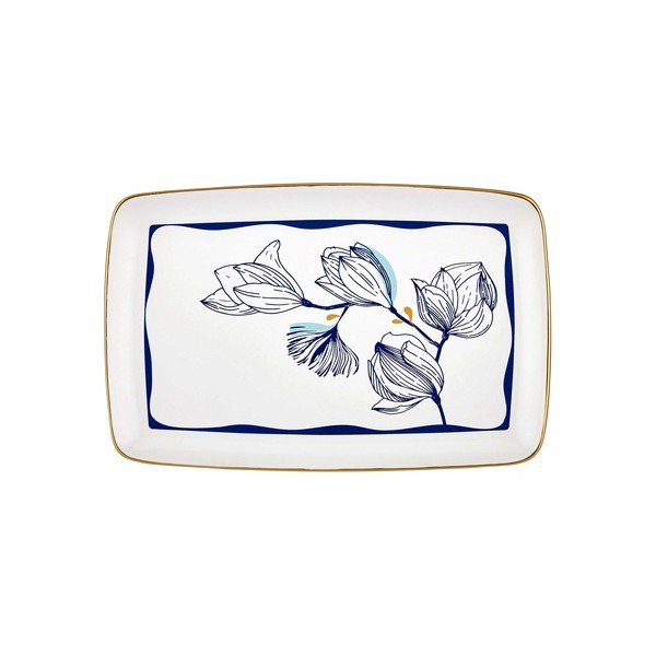 Bleu fehér porcelán szervírozó tányér kék virágokkal, 34 x 25 cm - Mia-image-2