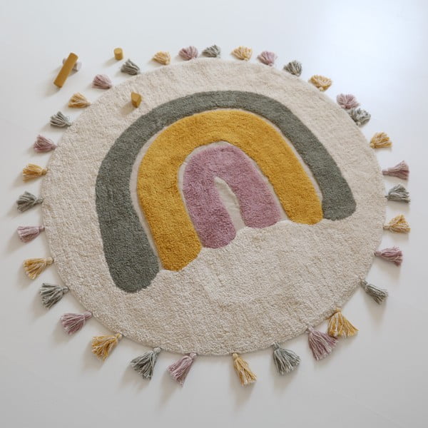 Krémszínű mosható kézi szövésű pamut gyerek szőnyeg ø110 cm Rainbow Moss – Nattiot-image-2