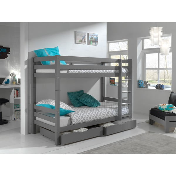 Szürke emeletes borovi fenyő ágyneműtartós gyerekágy 90x200 cm PINO – Vipack-image-1