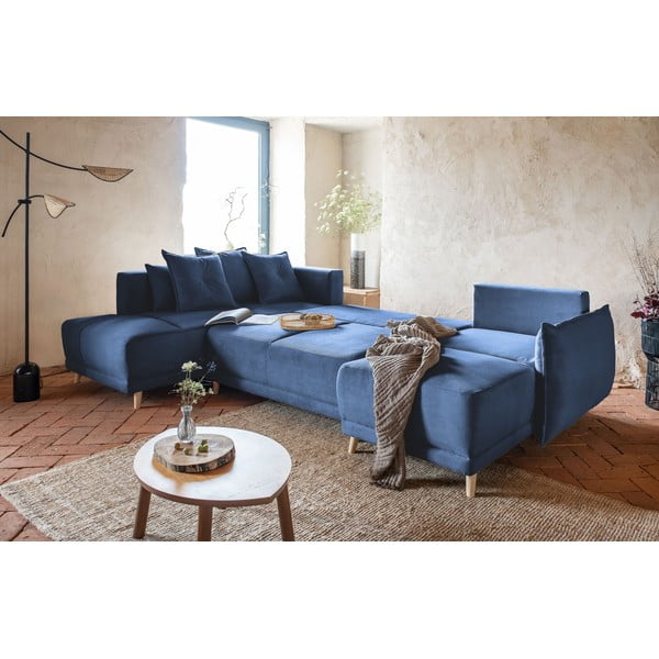 Sötétkék kordbársony kinyitható sarokkanapé (bal oldali-U alakú) Lazy Lukka – Miuform-image-4