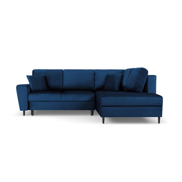 Kék bársony kinyitható tárolóhelyes sarokkanapé (jobb oldali-L alakú) Kyoto – Cosmopolitan Design