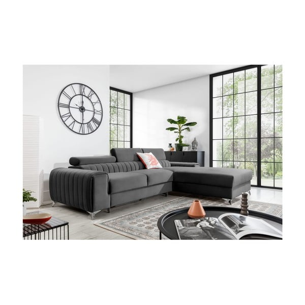 Sötétszürke bársony kinyitható-tárolóhelyes sarokkanapé (jobb oldali-heverő résszel) Grayson – ELTAP-image-1