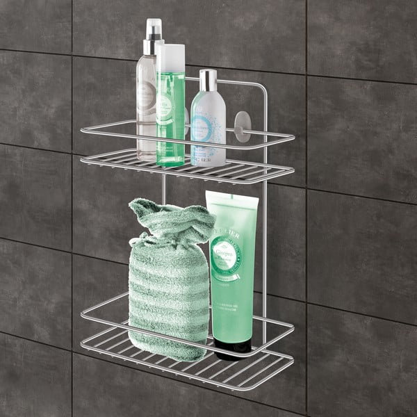 Fényes ezüstszínű függő öntapadós acél fürdőszobai polc Luxy – Metaltex-image-1