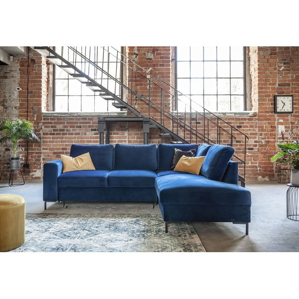 Sötétkék bársony kinyitható sarokkanapé (jobb oldali) Lofty Lilly – Miuform-image-4