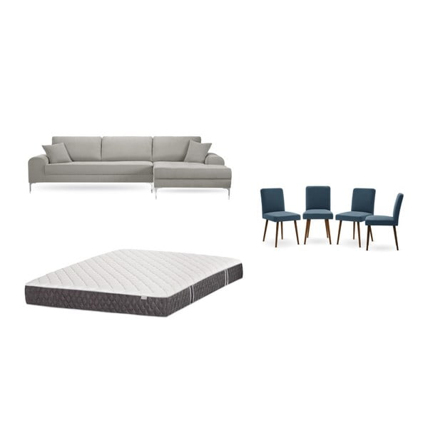 Világosszürke jobboldali sarokkanapé, 4 db kék szék, matrac (160 x 200 cm) szett - Home Essentials