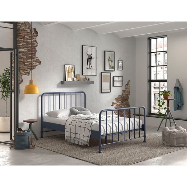 Kék fém franciaágy ágyráccsal 140x200 cm BRONXX – Vipack-image-1