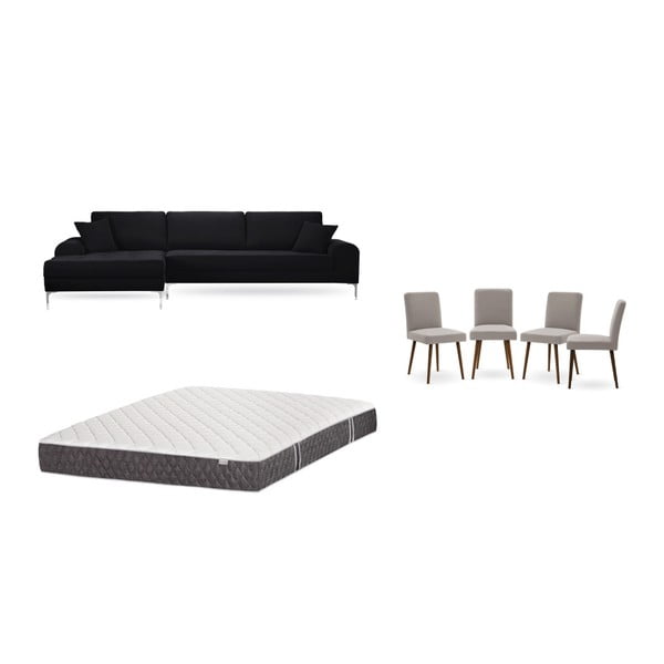 Fekete baloldali sarokkanapé, 4 db szürkésbézs szék, matrac (160 x 200 cm) szett - Home Essentials