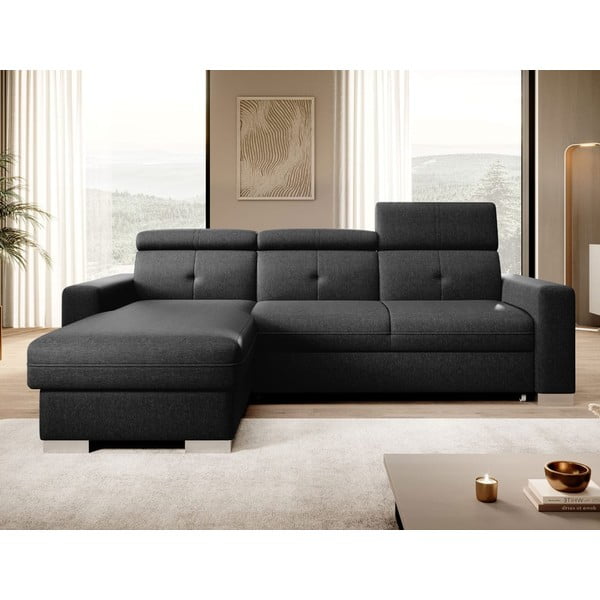 Fekete kinyitható-tárolóhelyes sarokkanapé (bal oldali-heverő résszel) Fresia – ELTAP-image-1